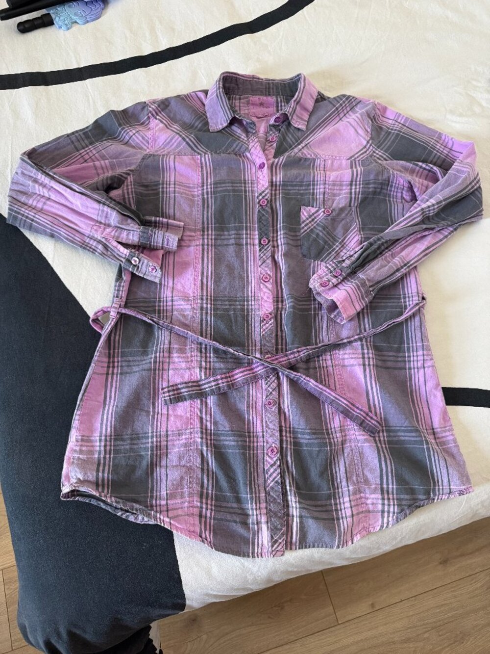 Purple & Gray Plaid Belted Shirt Tunic Sz XL